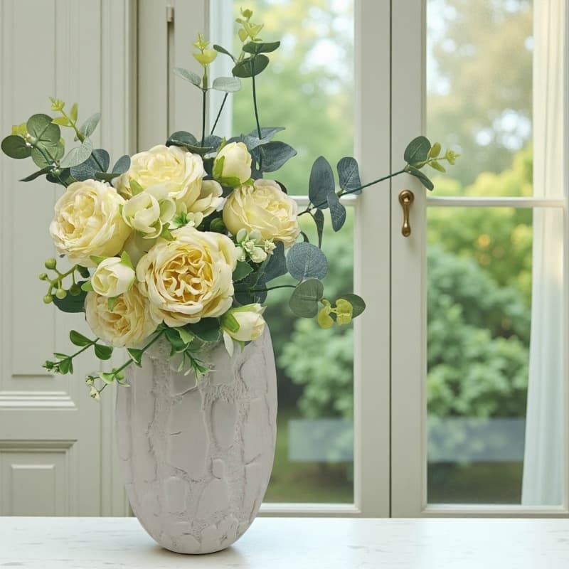White relief ceramic vase with pale roses by a window